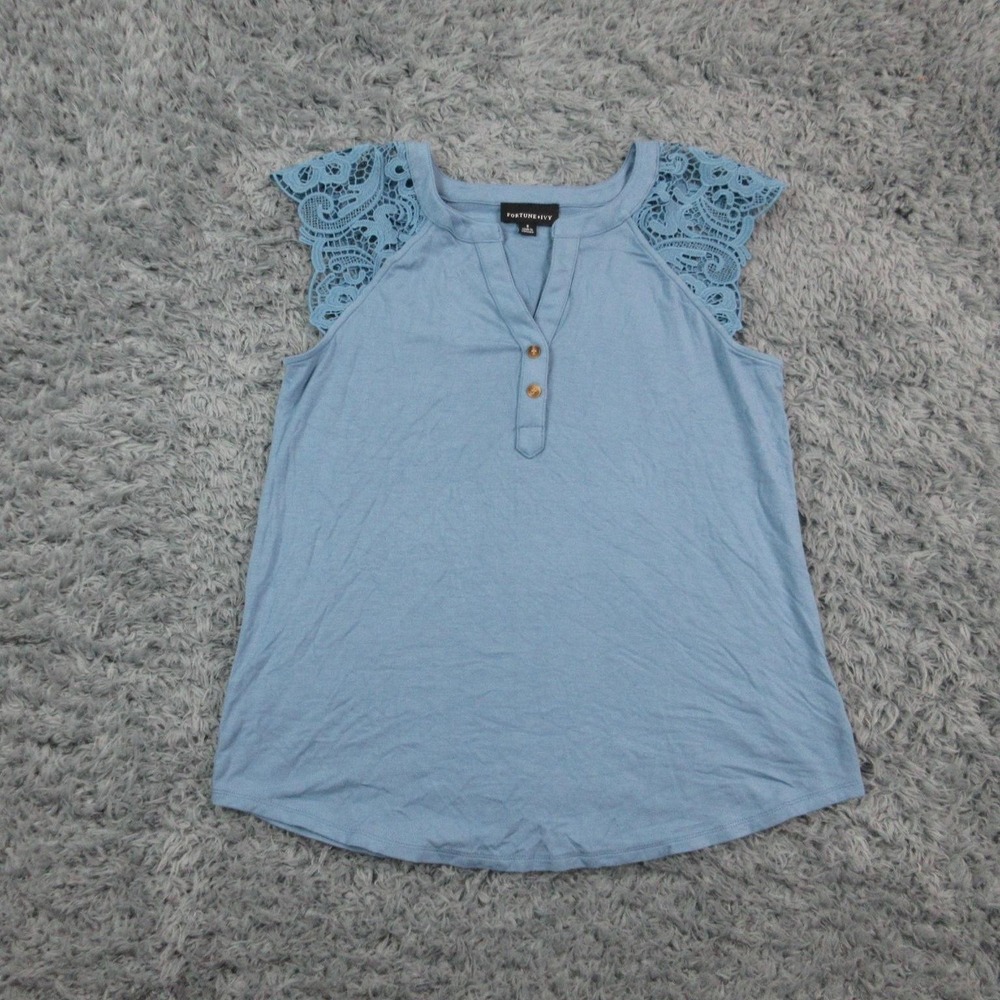 Fortune + Ivy Shirt Womens Small Blue Crochet Flutter Sleeve Henley Top Blouse